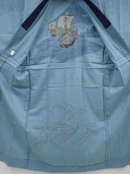 Photo7: 6019T02z420 Vintage Japanese Kimono Muslin JUBAN Treasure Ship Dull cyan (7)