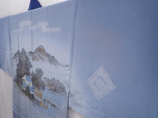 Photo2: 6019T03z450 Vintage Japanese Kimono Silk JUBAN Edo era Hyacinth blue (2)