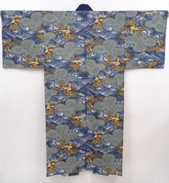 Photo1: 6019T04z650 Vintage Japanese Kimono Muslin JUBAN Dragon Navy-Gray (1)