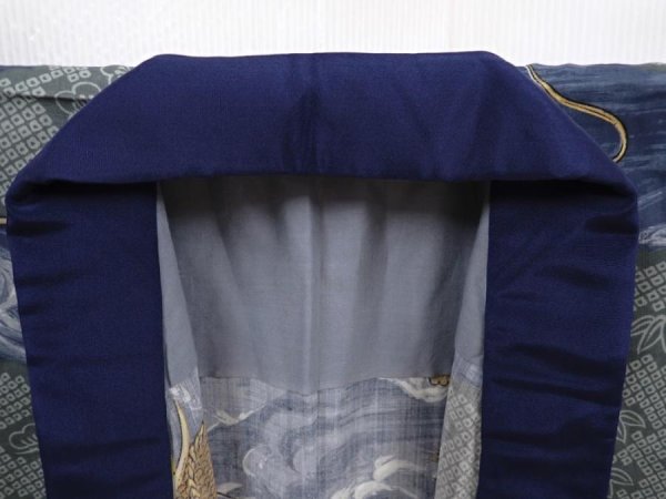 Photo5: 6019T04z650 Vintage Japanese Kimono Muslin JUBAN Dragon Navy-Gray (5)