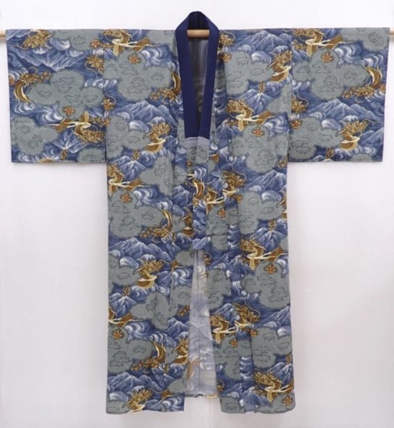 Photo6: 6019T04z650 Vintage Japanese Kimono Muslin JUBAN Dragon Navy-Gray (6)