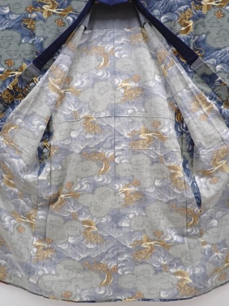 Photo7: 6019T04z650 Vintage Japanese Kimono Muslin JUBAN Dragon Navy-Gray (7)