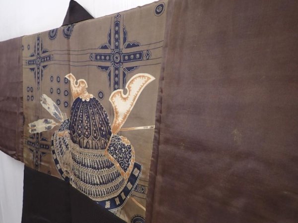 Photo2: 6019T05z570 Vintage Japanese Kimono Silk Men's HAORI Kabuto Dark brown (2)