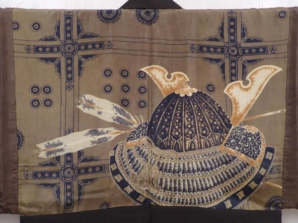 Photo3: 6019T05z570 Vintage Japanese Kimono Silk Men's HAORI Kabuto Dark brown (3)