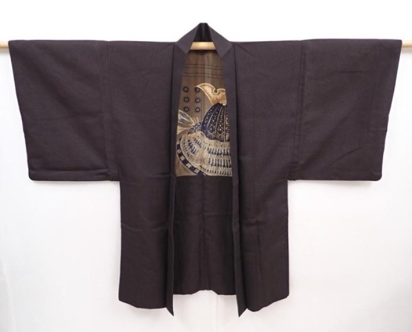 Photo5: 6019T05z570 Vintage Japanese Kimono Silk Men's HAORI Kabuto Dark brown (5)