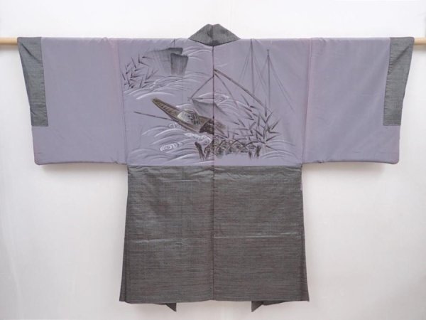 Photo2: 6019T06z470 Vintage Japanese Kimono Silk Men's HAORI Boat Light brown-gray (2)