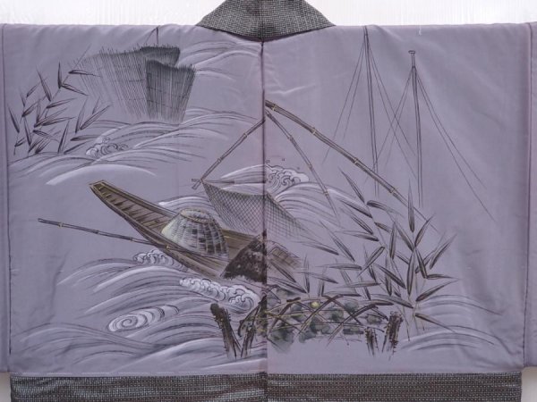 Photo3: 6019T06z470 Vintage Japanese Kimono Silk Men's HAORI Boat Light brown-gray (3)