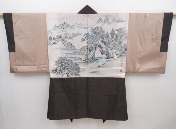 Photo1: 6019T07z440 Vintage Japanese Kimono Silk Men's HAORI Scenery Brown-Gray (1)