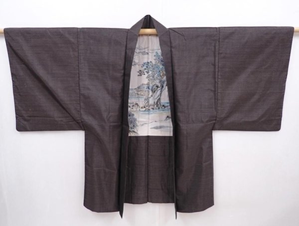 Photo5: 6019T07z440 Vintage Japanese Kimono Silk Men's HAORI Scenery Brown-Gray (5)