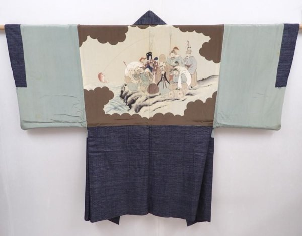 Photo1: 6019T08z540 Vintage Japanese Kimono Silk Men's HAORI 七福神 Dark gray (1)