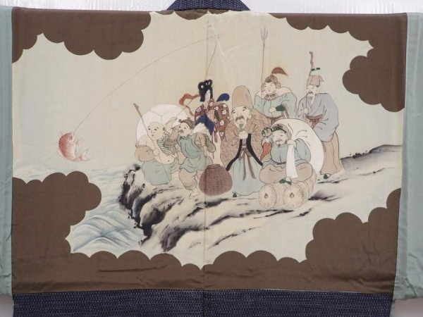 Photo2: 6019T08z540 Vintage Japanese Kimono Silk Men's HAORI 七福神 Dark gray (2)
