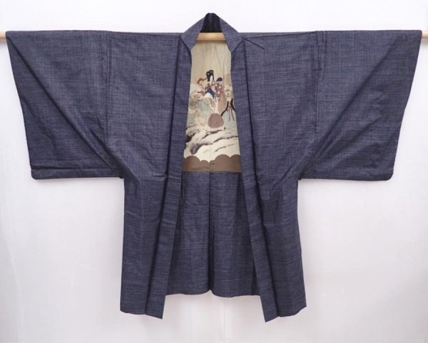 Photo5: 6019T08z540 Vintage Japanese Kimono Silk Men's HAORI 七福神 Dark gray (5)