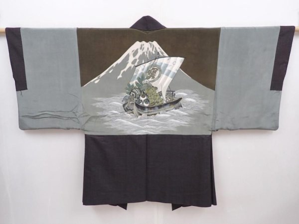 Photo1: 6019T09z460 Vintage Japanese Kimono Silk Men's HAORI Treasure Ship (1)