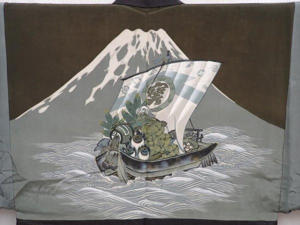 Photo3: 6019T09z460 Vintage Japanese Kimono Silk Men's HAORI Treasure Ship (3)