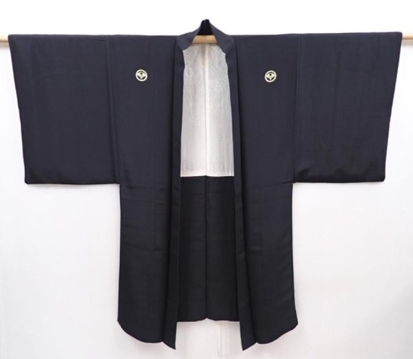Photo5: 6019T10z680 Vintage Japanese Kimono Silk Men's HAORI Flowers Black (5)