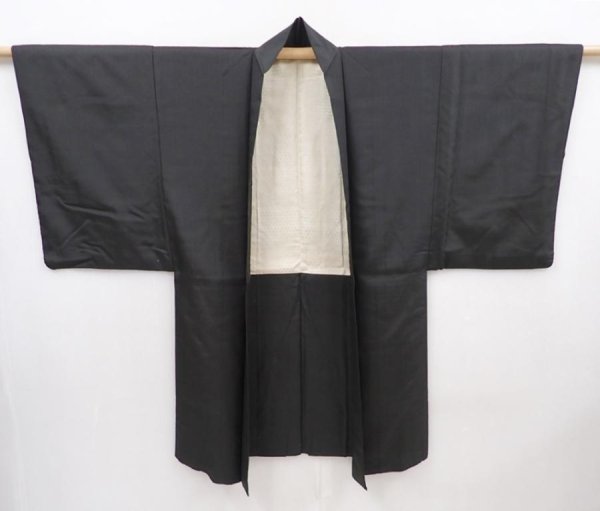 Photo5: 6019T11z630 Vintage Japanese Kimono Silk Men's HAORI  Dark Green-Gray (5)