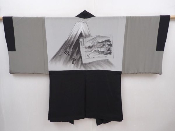 Photo1: 6023T01z650 Vintage Japanese Kimono Silk Men's HAORI Mt.Fuji Black (1)