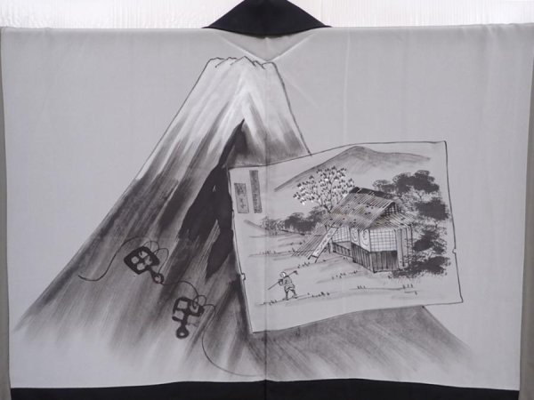 Photo3: 6023T01z650 Vintage Japanese Kimono Silk Men's HAORI Mt.Fuji Black (3)