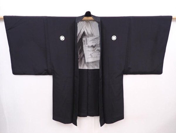 Photo7: 6023T01z650 Vintage Japanese Kimono Silk Men's HAORI Mt.Fuji Black (7)