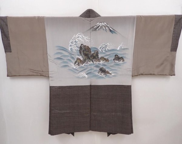 Photo1: 6023T02z500 Vintage Japanese Kimono Silk Men's HAORI Wave Brown-Gray (1)