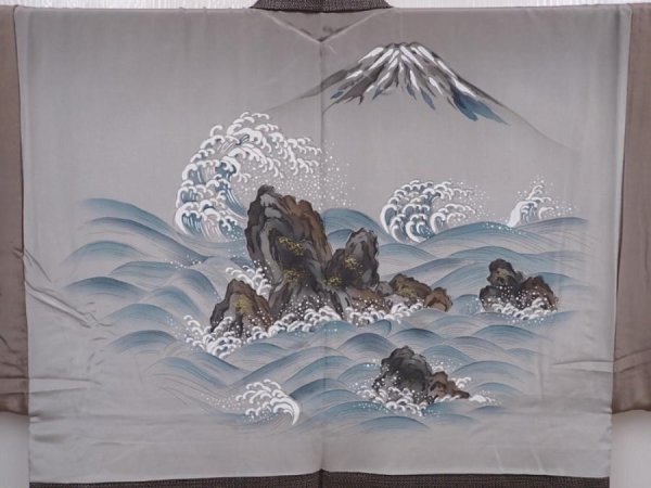 Photo2: 6023T02z500 Vintage Japanese Kimono Silk Men's HAORI Wave Brown-Gray (2)