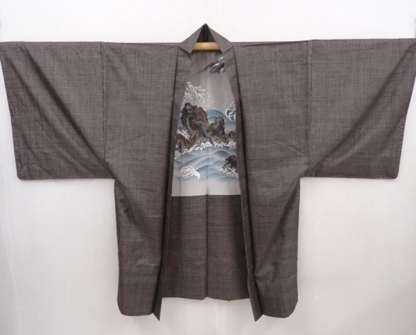 Photo4: 6023T02z500 Vintage Japanese Kimono Silk Men's HAORI Wave Brown-Gray (4)