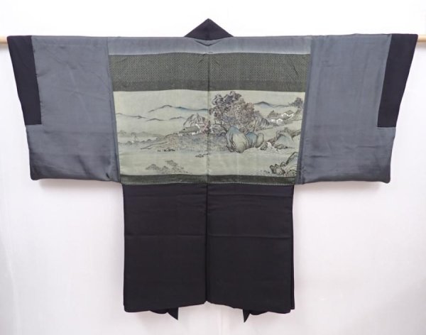 Photo1: 6023T04z490 Vintage Japanese Kimono Silk Men's HAORI Scenery Black (1)