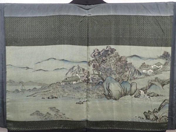 Photo2: 6023T04z490 Vintage Japanese Kimono Silk Men's HAORI Scenery Black (2)