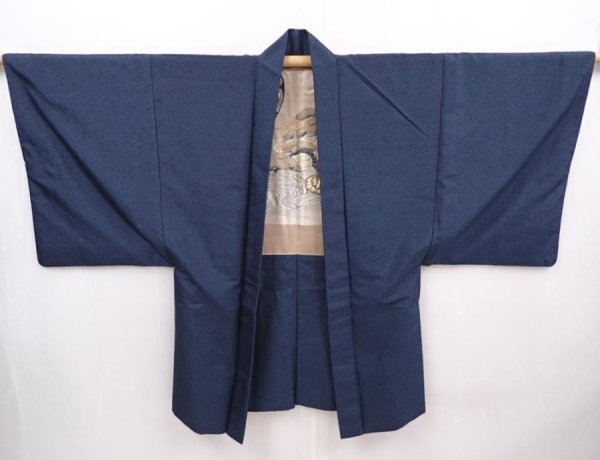 Photo6: 6023T05z820 Vintage Japanese Kimono Silk Men's HAORI Noh mask Dark blue (6)