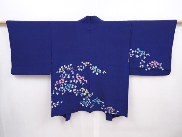 Photo1: 6023T08z610 Vintage Japanese Kimono Silk HAORI Flower Royal blue (1)