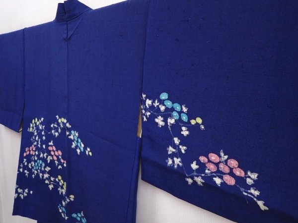 Photo2: 6023T08z610 Vintage Japanese Kimono Silk HAORI Flower Royal blue (2)