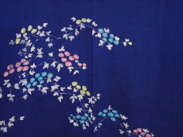 Photo3: 6023T08z610 Vintage Japanese Kimono Silk HAORI Flower Royal blue (3)