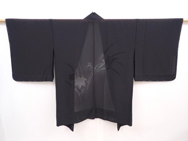 Photo1: 6023T10z330 Vintage Japanese Kimono Silk See through HAORI Flower Black (1)