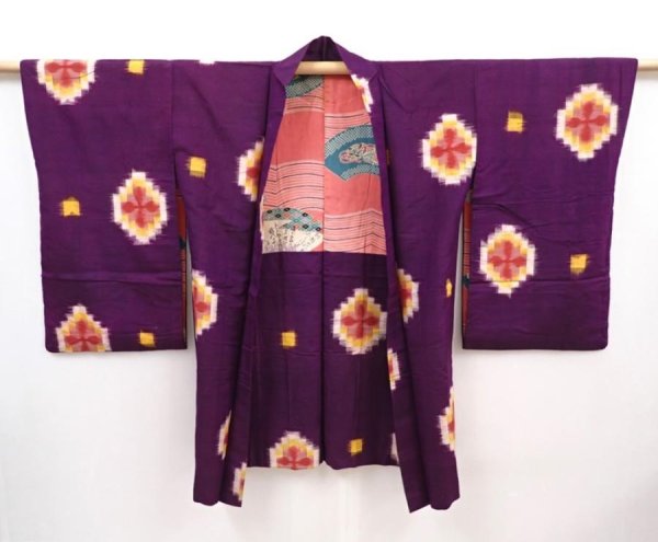 Photo6: 6023T11z440 Antique Japanese Kimono Silk MEISEN HAORI Flower Dark purple (6)