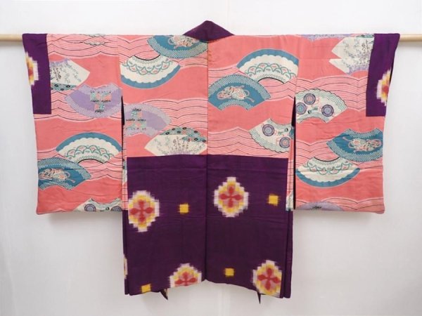 Photo7: 6023T11z440 Antique Japanese Kimono Silk MEISEN HAORI Flower Dark purple (7)