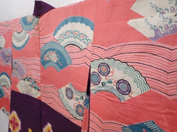 Photo8: 6023T11z440 Antique Japanese Kimono Silk MEISEN HAORI Flower Dark purple (8)