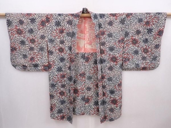Photo5: 6023T12z400 Antique Japanese Kimono Silk HAORI Flower Gray (5)
