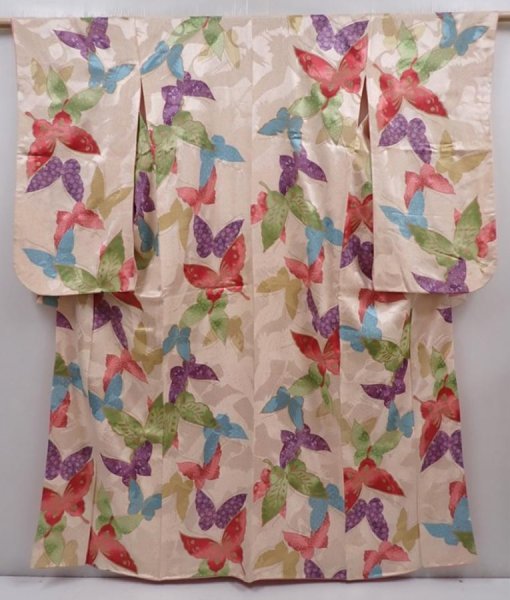 Photo1: 6023T14z1000 Vintage Japanese Kimono Silk KOMON Butterfly Peach-Beige (1)