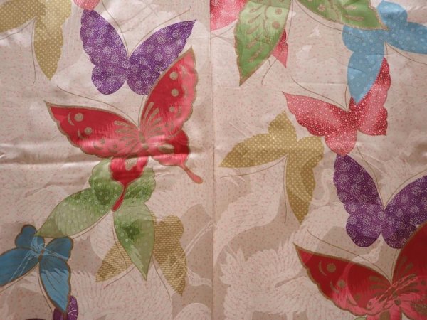 Photo5: 6023T14z1000 Vintage Japanese Kimono Silk KOMON Butterfly Peach-Beige (5)