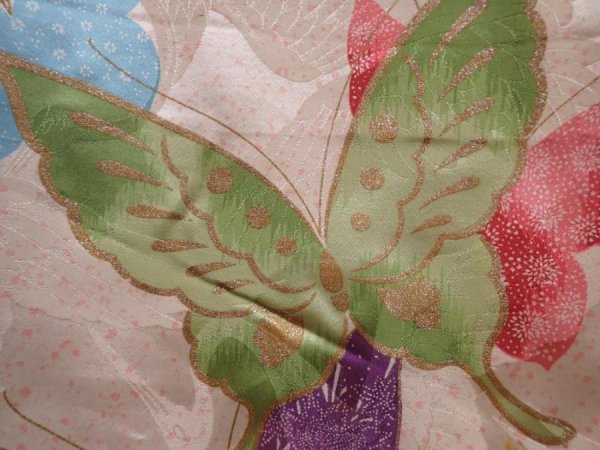Photo6: 6023T14z1000 Vintage Japanese Kimono Silk KOMON Butterfly Peach-Beige (6)