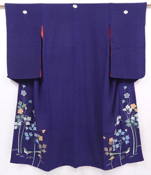 Photo1: 6024T12z1110 Antique Japanese Kimono Crepe Silk IROTOMESODE Dark navy (1)