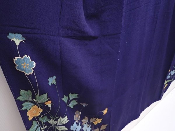 Photo3: 6024T12z1110 Antique Japanese Kimono Crepe Silk IROTOMESODE Dark navy (3)