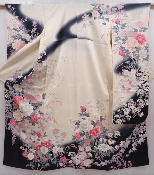 Photo1: 6024T13z1040 Vintage Japanese Kimono Silk FURISODE Peony Off-white (1)