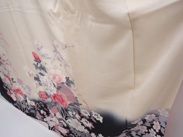 Photo4: 6024T13z1040 Vintage Japanese Kimono Silk FURISODE Peony Off-white (4)