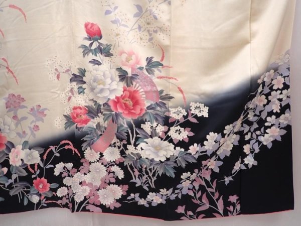 Photo7: 6024T13z1040 Vintage Japanese Kimono Silk FURISODE Peony Off-white (7)
