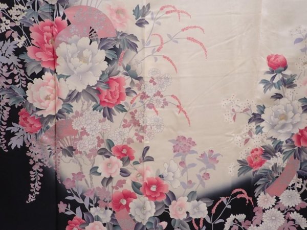 Photo8: 6024T13z1040 Vintage Japanese Kimono Silk FURISODE Peony Off-white (8)