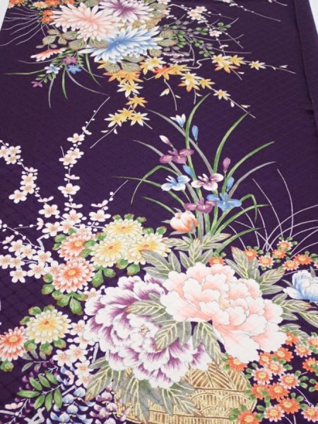 Photo1: 4C01z80  Japanese Kimono Silk  FABRIC Flowers Dark purple 48.8x14.8 (1)