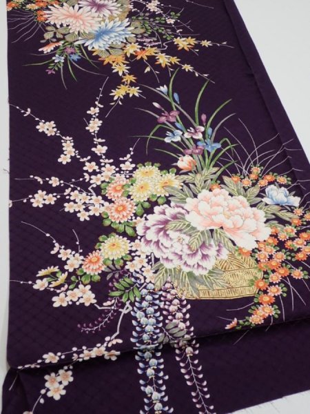 Photo2: 4C01z80  Japanese Kimono Silk  FABRIC Flowers Dark purple 48.8x14.8 (2)