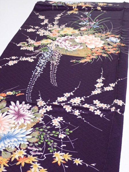 Photo3: 4C01z80  Japanese Kimono Silk  FABRIC Flowers Dark purple 48.8x14.8 (3)