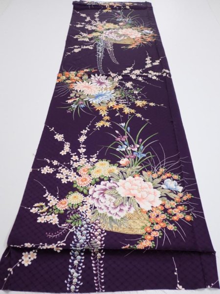 Photo5: 4C01z80  Japanese Kimono Silk  FABRIC Flowers Dark purple 48.8x14.8 (5)